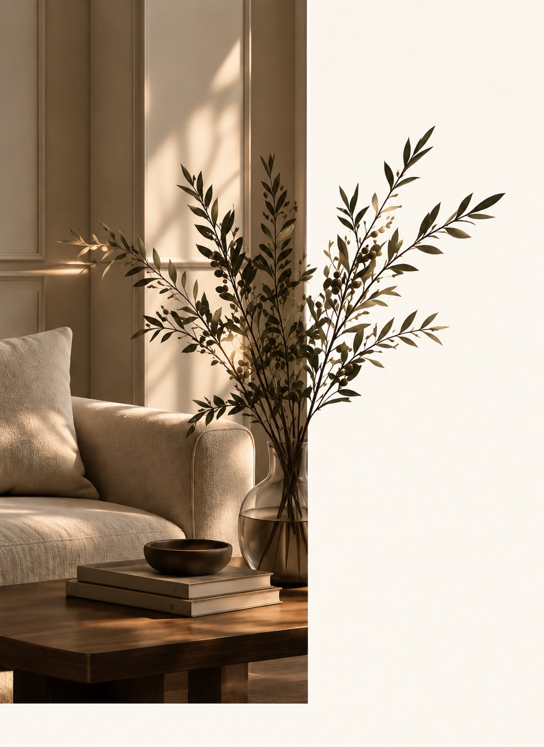 Branches d'olivier dans un vase en verre posé sur une table basse en bois, à côté d'un canapé beige baigné de lumière
