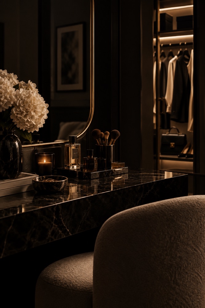 Coiffeuse en marbre noir avec parfums, pinceaux, bougie et hortensias, devant un dressing éclairé